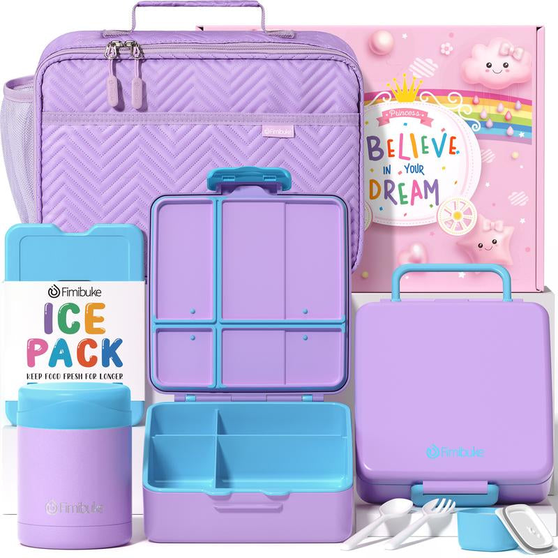 Fimibuke Bento Snack Lunch Box with 4 Compartment, Insulated Bag, Stainless Steel Vacuum Thermos Food Jar, Ice Pack, Utensils Set, Birthday Gift for Back to School Girl & Boy Adult