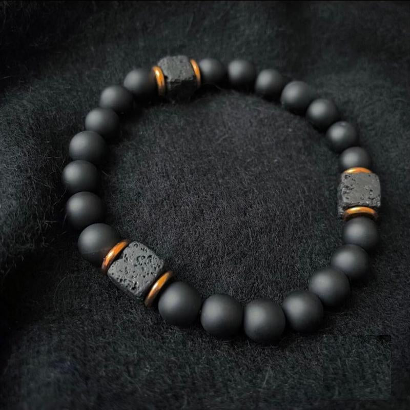 Onyx and Cubed Lava Beaded Bracelet