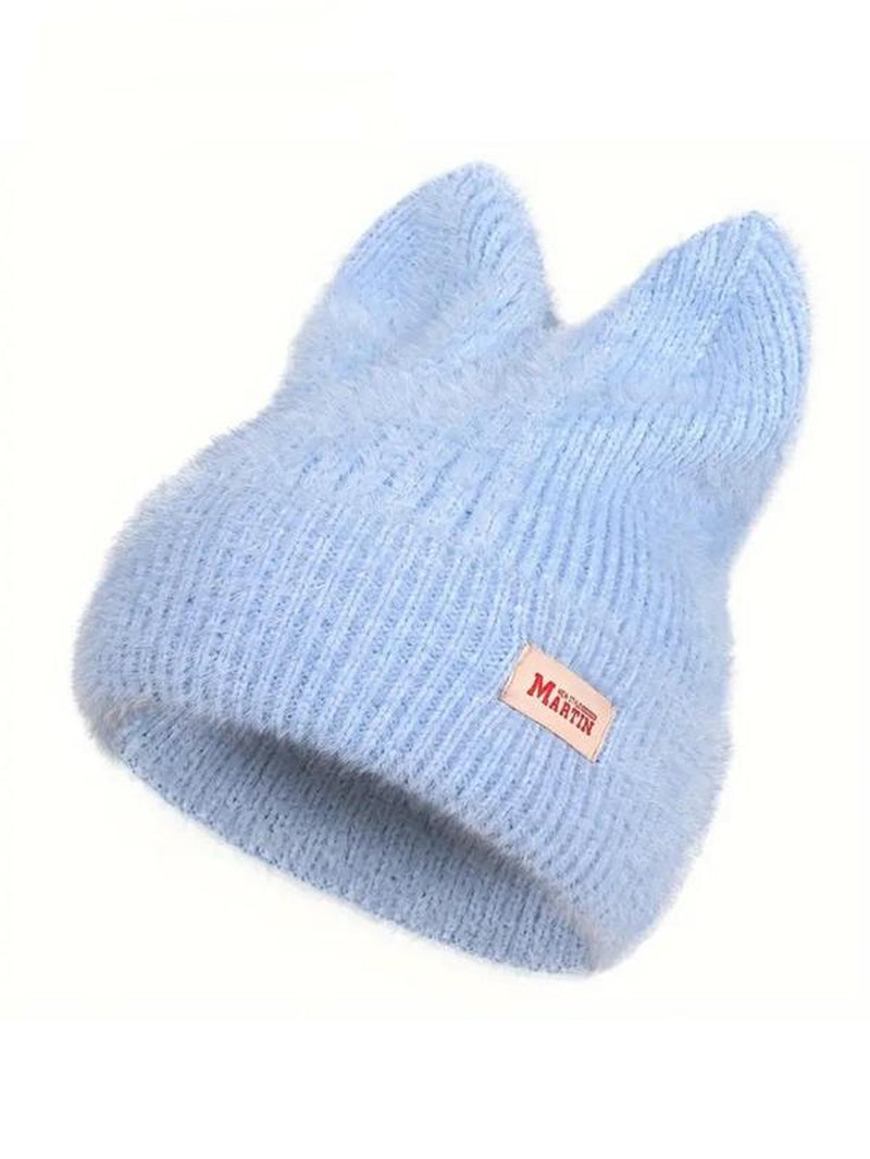 Cute Cat Ear Design Beanie Hat, Casual Solid Color Knit Hat for Fall & Winter, Warm Pullover Elastic Yarn Cap for Outdoor Activities