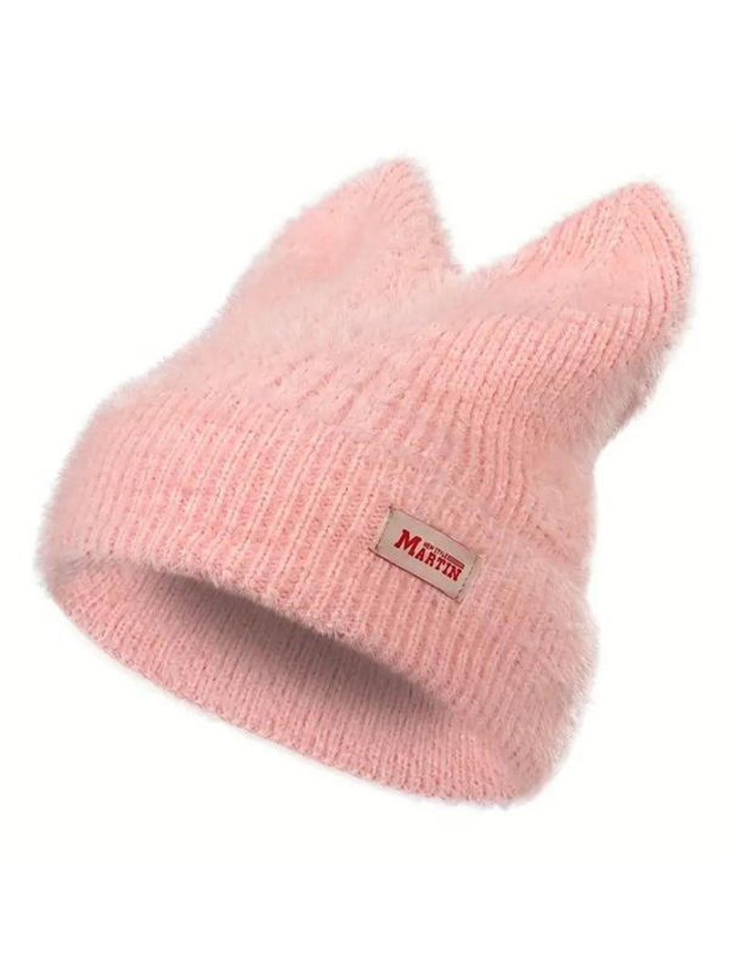 Cute Cat Ear Design Beanie Hat, Casual Solid Color Knit Hat for Fall & Winter, Warm Pullover Elastic Yarn Cap for Outdoor Activities