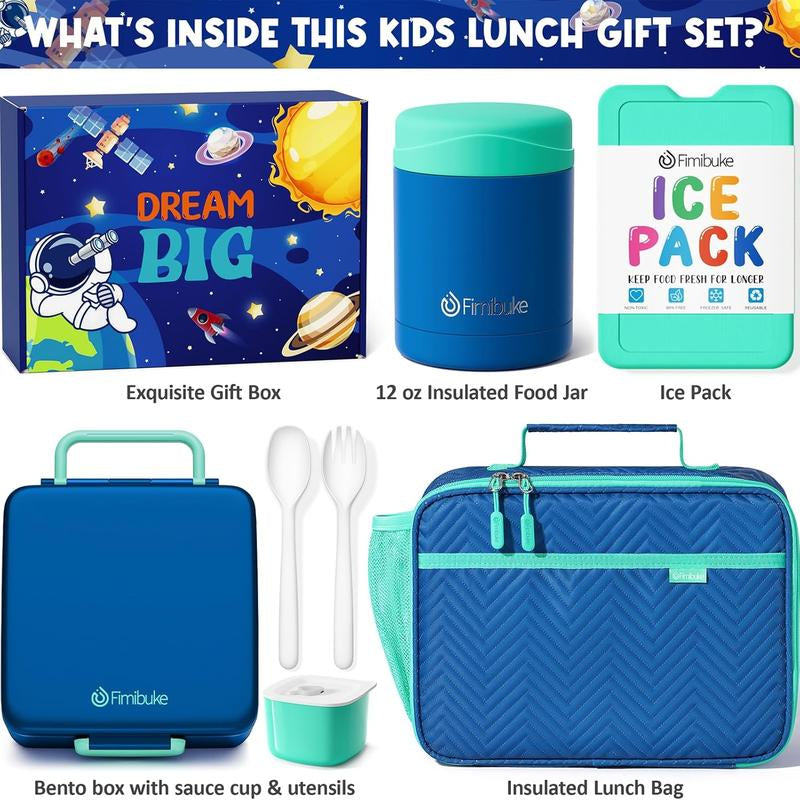 Fimibuke Bento Snack Lunch Box with 4 Compartment, Insulated Bag, Stainless Steel Vacuum Thermos Food Jar, Ice Pack, Utensils Set, Birthday Gift for Back to School Girl & Boy Adult